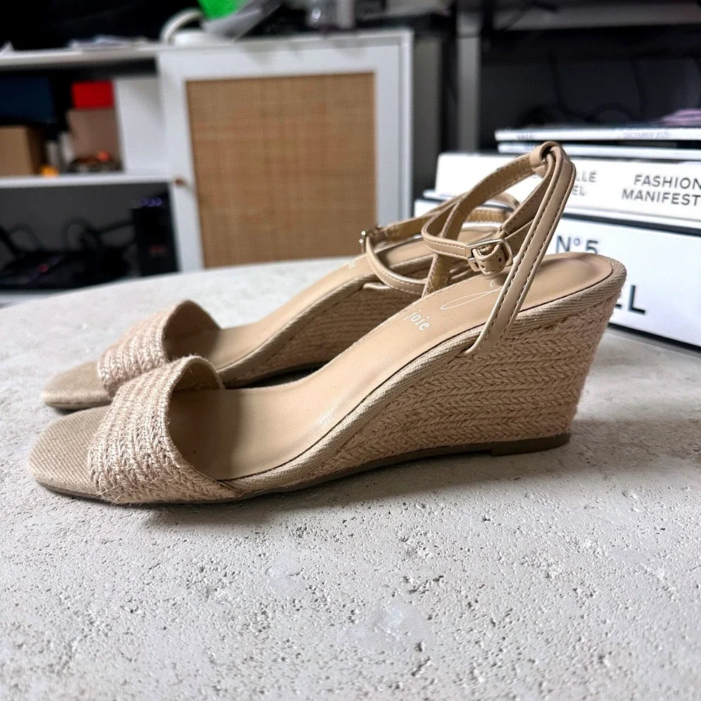 Joie Lila Woven Espadrille Strappy Ankle Wedge Sandals Slides Tan Beige Boho 8